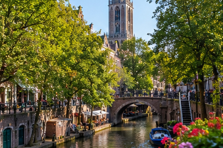 Historische binnenstad van Utrecht met de Domstoren en karakeristieke grachten tijdens een rondvaart
