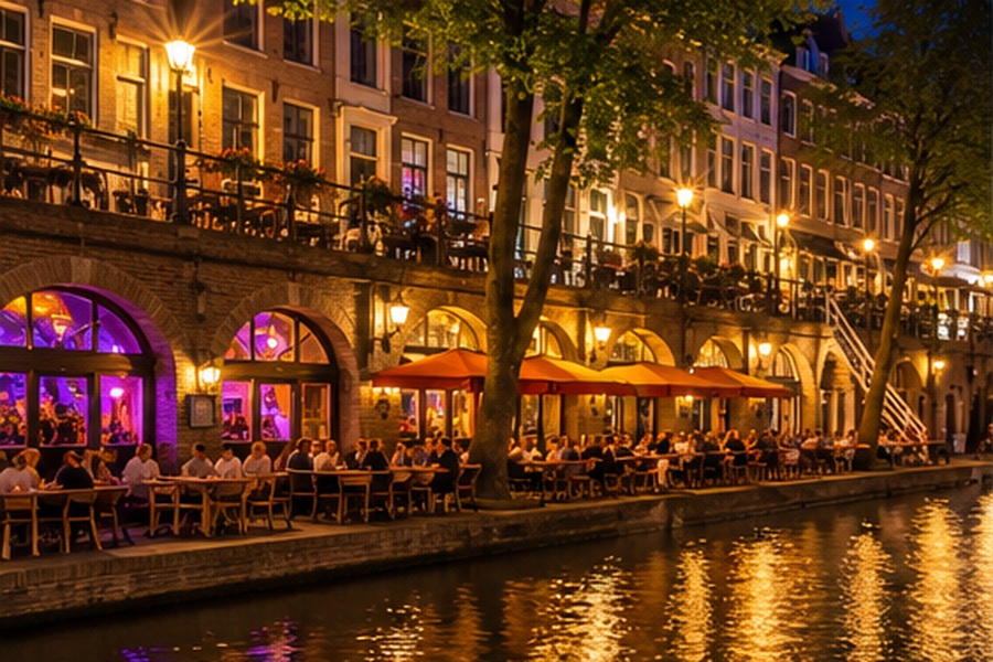 Verlichte werkelders en gezellige terrassen alngs de Oudegracht in Utrecht tijdnes een sfeervolle avond
